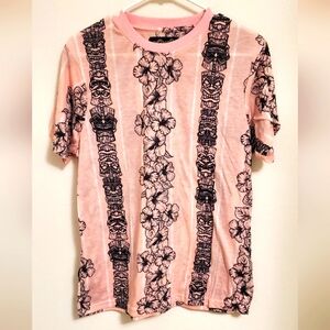 Good Vibes Pink Graphic T-Shirt with Floral and Tiki Tribal Print Size Medium